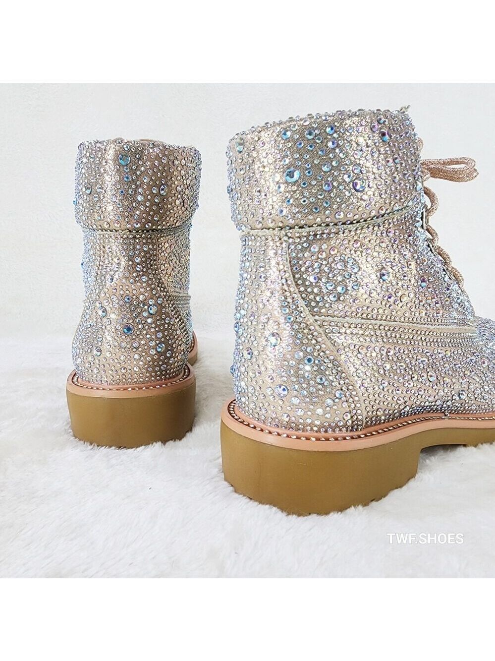 NIB Wonder Sparkling Rhinestone Combat Ankle Boots Metallic Rose Gold Champagne - Picture 7 of 12